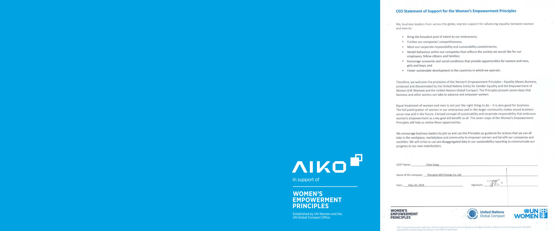 AIKO – Firma dei WEP, promozione della parità di genere e di un futuro sostenibile